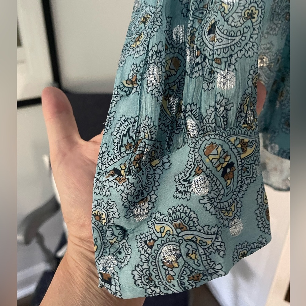 J.Crew XXL Metallic Chiffon Paisley Top Ruffle Neck Sheer Boho Blouse - Picture 5 of 7